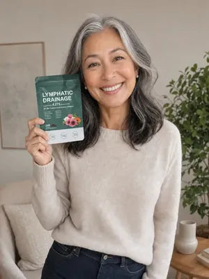 Smiling woman with long grey hair holding a pack of Zeelar softgels