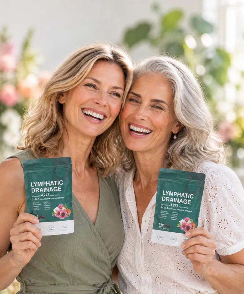 Two laughing women cheek to cheek in a bright room full of flowers, each holding a pack of Zeelar Lymphatic Drainage softgels