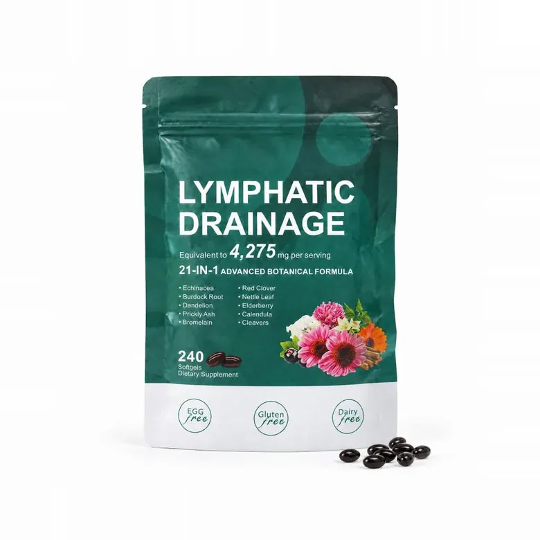 Pack of Zeelar Lymphatic Drainage softgels standing on a white surface with a few dark softgels beside it