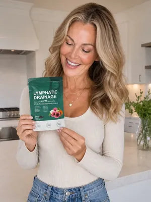 Smiling woman with long blonde hair holding a pack of Zeelar softgels in her kitchen